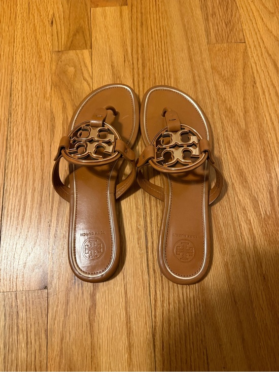 Tory Burch Shoes - Tory Burch Tan Leather Miller Sandals with Gold Logo